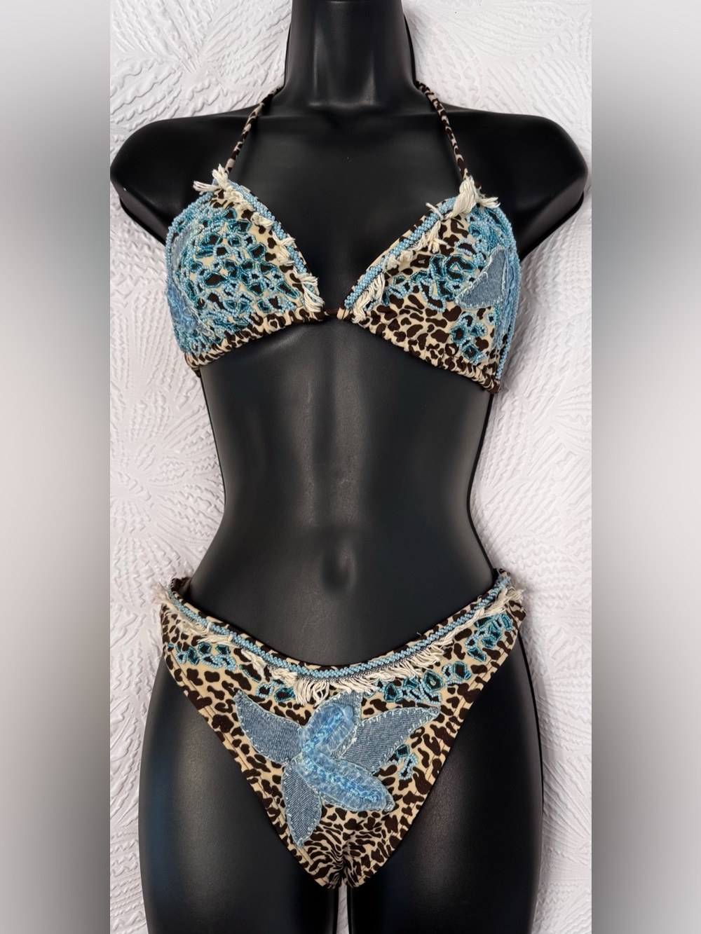 Leopard Print Bikini with Blue beading & fringe Accents